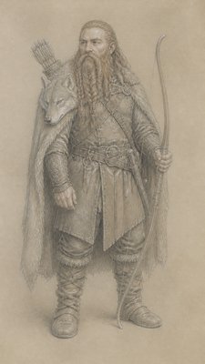 full-body original character: a dwarven ranger with a braided auburn beard, worn leather armor, a longbow and a wolf-pelt cloak, neutral background, no text