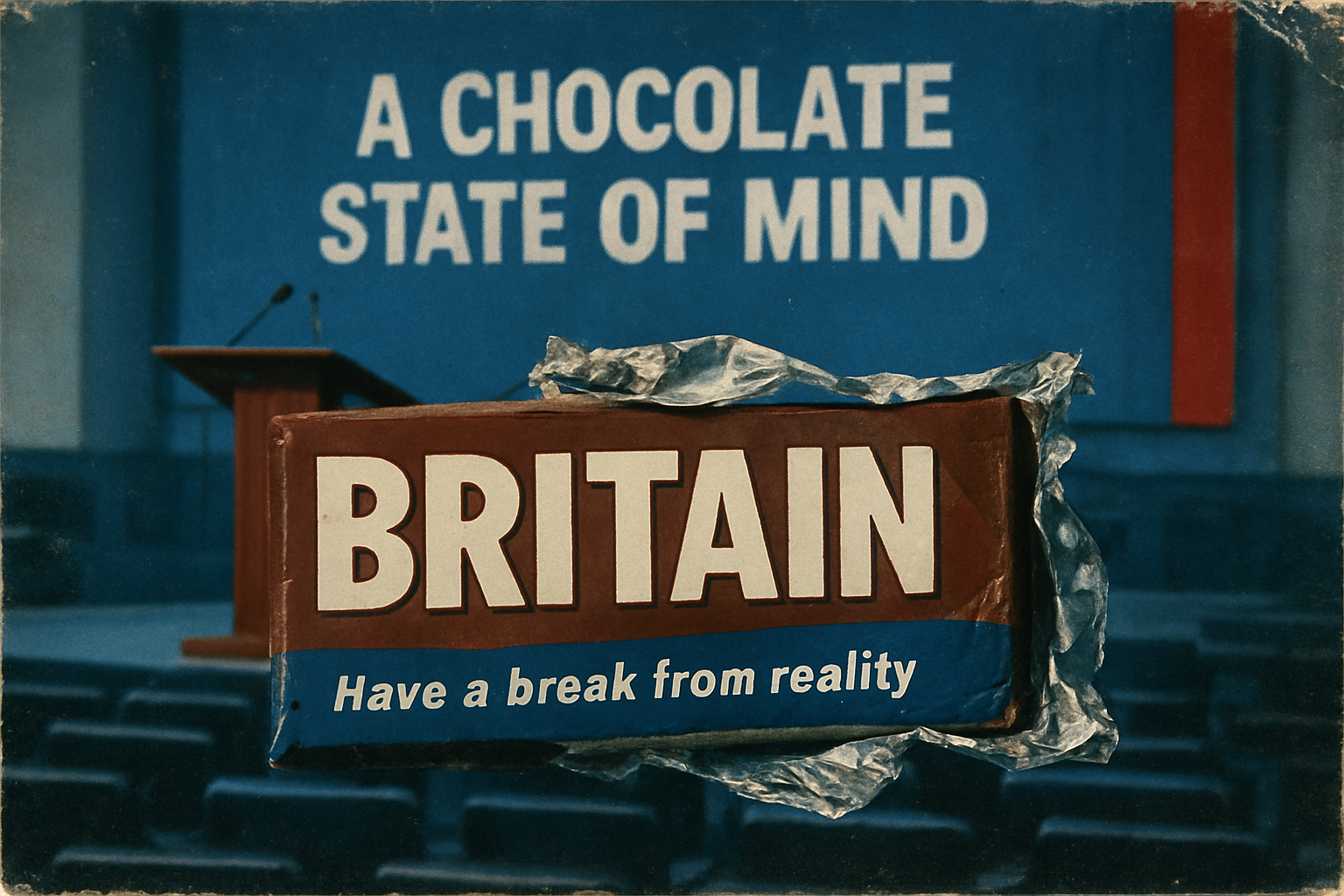 Image Brief — “Britian. A Chocolate State of Mind.” (Landscape / Conference Hall)

Visual Concept:
A photographic, data-style image capturing the absurdity of corporate branding and political satire. The chocolate bar spelling “Britian” is the central focus. The scene is staged in a conference hall, emphasizing the formal-but-absurd atmosphere of a high-profile political event.

Core Elements:
	•	Chocolate bar front and center, wrapper crumpled, spelling clearly visible.
	•	Backdrop / environment: realistic conference hall — lectern in the frame, faint rows of seating or stage elements, subtle signs of a political event. No office props.
	•	Palette: predominantly blue tones (lighting, hall décor, banners), with small Tory-signifier accents (navy, subtle red) to hint at political context.
	•	Orientation: landscape (wide) — must match the style and aspect ratio of other blog images.
	•	Lighting / style: naturalistic photography; soft, realistic shadows; slightly moody, surreal undertone; no cartoonish or illustrative effects.
	•	Mood / atmosphere: dry, ironic, subtly surreal — visually echoing Tom Kite’s sardonic, satirical voice.

Typography (optional):
Small text on wrapper: “Have a break from reality” in clean, bold type, integrated naturally into the photographic scene.

Use / Context:
	•	Featured image for blog post “Britian. A Chocolate State of Mind.”
	•	Must work as both thumbnail and full-size blog header.
	•	Maintain photographic, slightly surreal style consistent with other blog imagery

Inspiration is Hannah Hoch, Jean-Michel Basquiat, John Stezaker