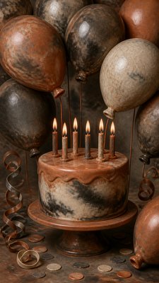a birthday cake with lit candles surrounded by balloons and confetti, festive vertical composition, no text