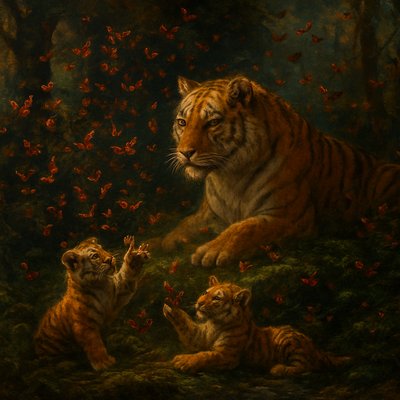 Nature Photography Style, Romantic Naturalism Painting, a breathtaking, incredibly detailed scene deep within the primeval forests of Russia's Amur-Ussuri region. A massive, powerful female Amur Tiger with thick, pale orange and dark striped fur rests on a moss-covered rocky outcrop, watching over her two playful cubs who are batting at the air. The scene is absolutely swarming with hundreds of Red Admiral butterflies (distinct black wings with vibrant orange-red bands and white spots). The butterflies form swirling clouds, landing gently on the tigers' fur, their noses, and the surrounding lush ferns and Korean pine branches. The forest floor is dense with undergrowth, lichen, and a clear, cold stream nearby. The lighting is dappled golden hour sunlight filtering through a canopy of birch and ancient oak trees, creating a magical, serene atmosphere. Focus on the texture of the thick tiger fur and the delicate wings of the butterflies.