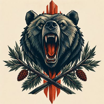 a roaring bear head above crossed pine branches, bold graphic composition on a plain background, no text