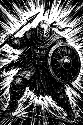 a black and white drawing of a knight holding a sword