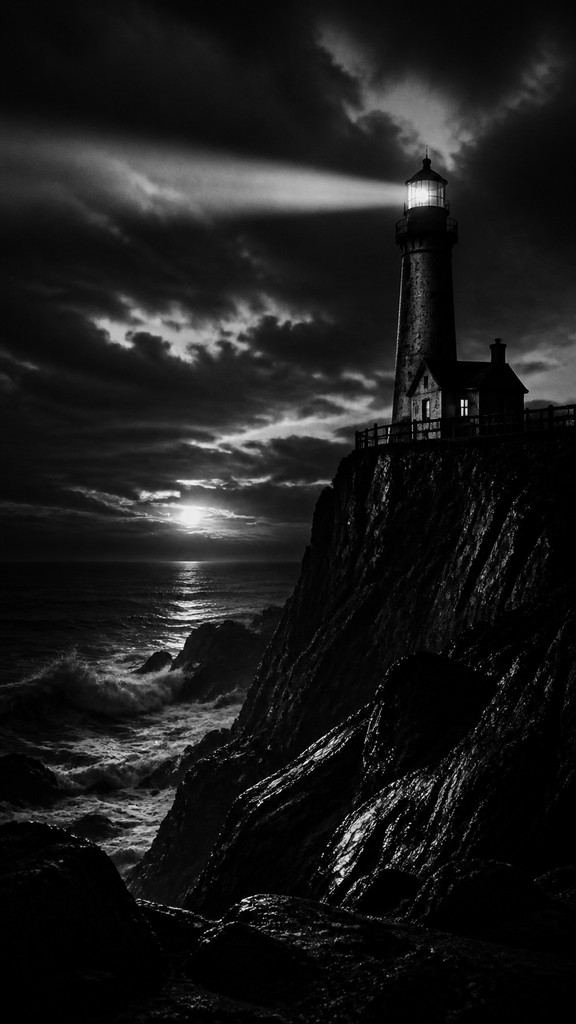 a lone lighthouse on a cliff at dusk under a dramatic sky, no text or lettering