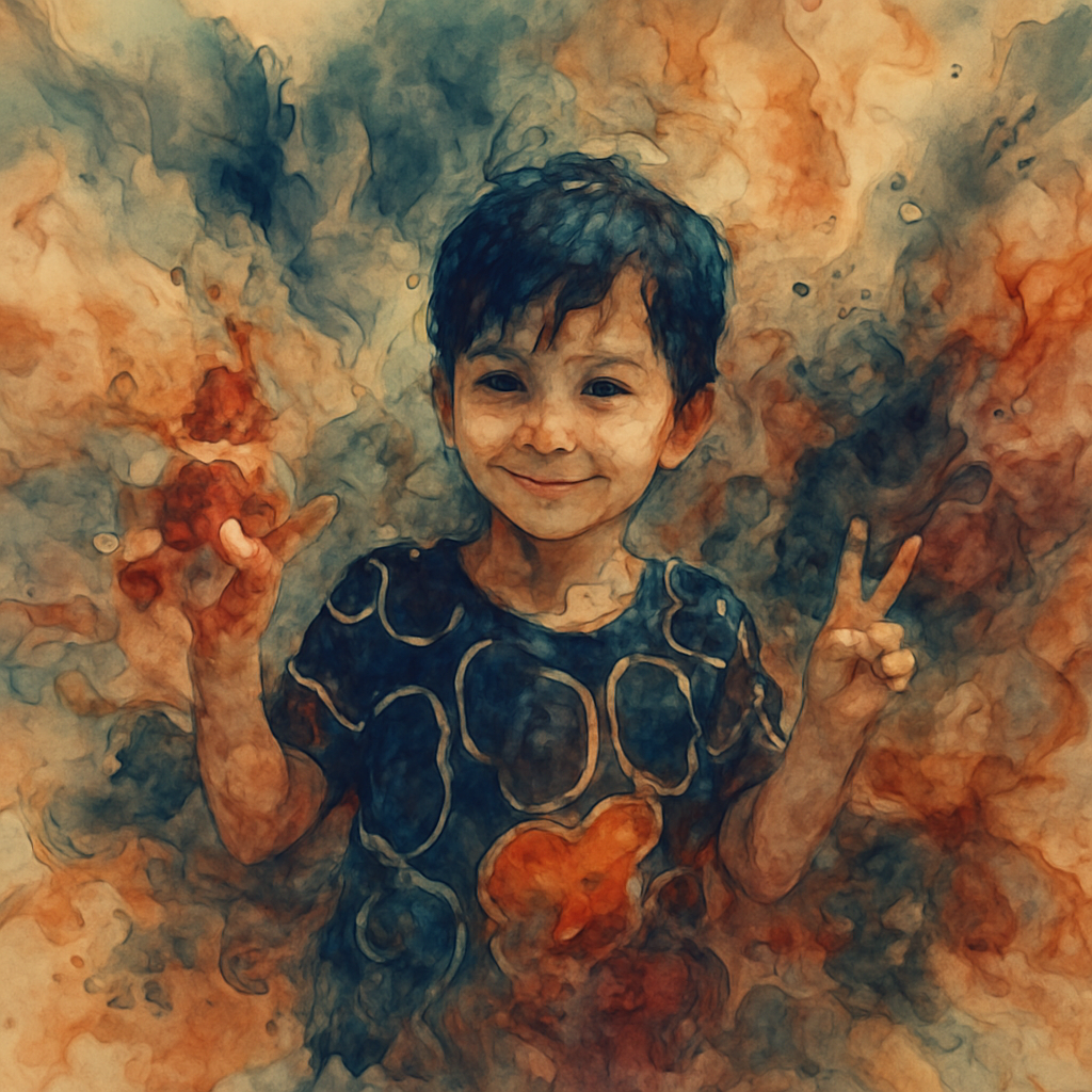 a painting of a young boy holding an apple