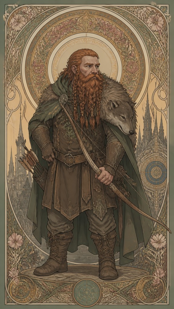 full-body original character: a dwarven ranger with a braided auburn beard, worn leather armor, a longbow and a wolf-pelt cloak, neutral background, no text