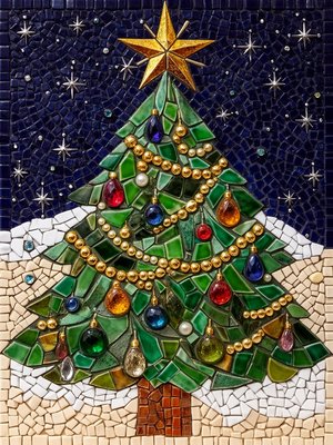 A highly detailed mosaic artwork depicting a classic Christmas tree, intricately composed of mixed tesserae including vibrant smalti glass tiles, sparkling gemstones, metallic gold and silver leaf accents, and opaque ceramic tiles. The tree features layered triangular branches in rich greens with iridescent emerald and forest smalti, adorned with multicolored gemstone ornaments in ruby, sapphire, emerald, and amber hues, metallic gold tiles forming garlands and shimmering highlights, and a radiant golden star at the top crafted from gold smalti and metallic inlays. Subtle opaque white and ivory tiles suggest snow accents, with tiny pearl-like elements for added luminosity. The background is a deep midnight blue with subtle starry specks in silver metallic tiles, evoking a festive night sky. Byzantine-inspired ornate style with tiny irregular tesserae, thin dark grout lines for contrast, hyper-detailed texture, luminous reflections on glass and gems, dimensional depth from raised tiles, photorealistic mosaic rendering, sharp focus, elegant and celebratory composition 