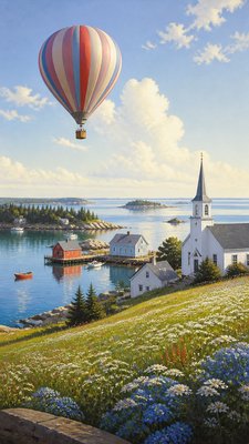 a hot air balloon drifting over rolling flower fields on a sunny day, cheerful, no text