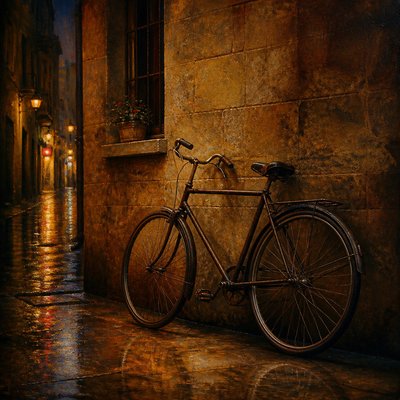 bicyle resting against a wall — Oil Glazing Painting Style