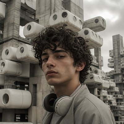 head-and-shoulders portrait of an original character: a young man with curly dark hair and headphones around his neck, plain backdrop, no text