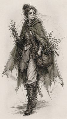 full-body original character: a wandering botanist with a satchel of plants, a patched green cloak, tall boots and round glasses, neutral background