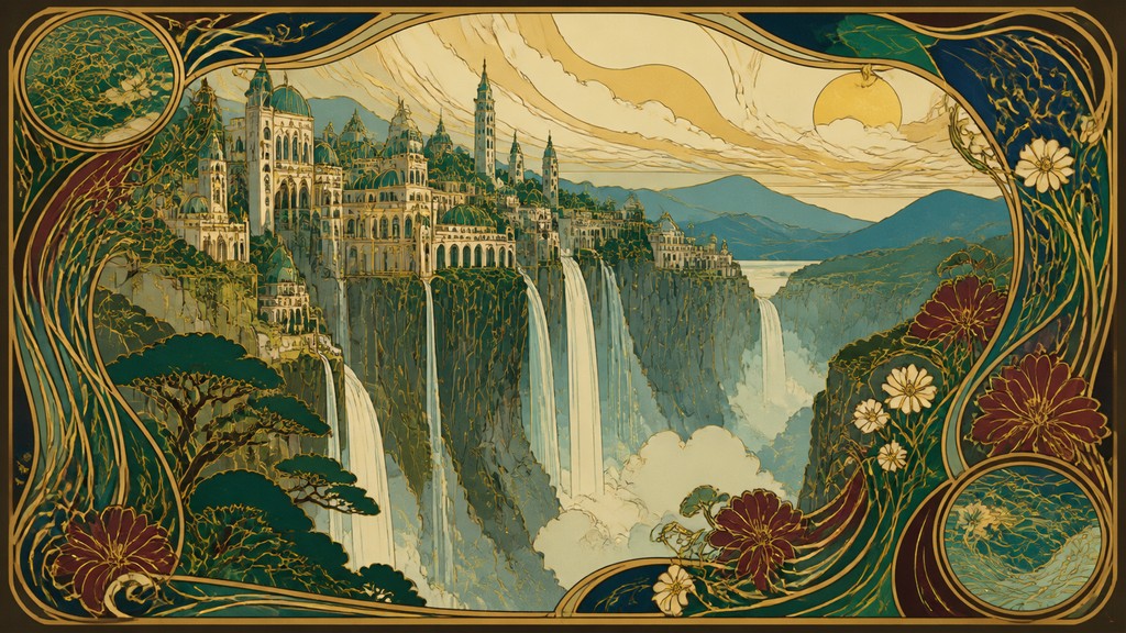 a cliffside city with waterfalls cascading into a misty canyon, wide establishing shot, no people, no text