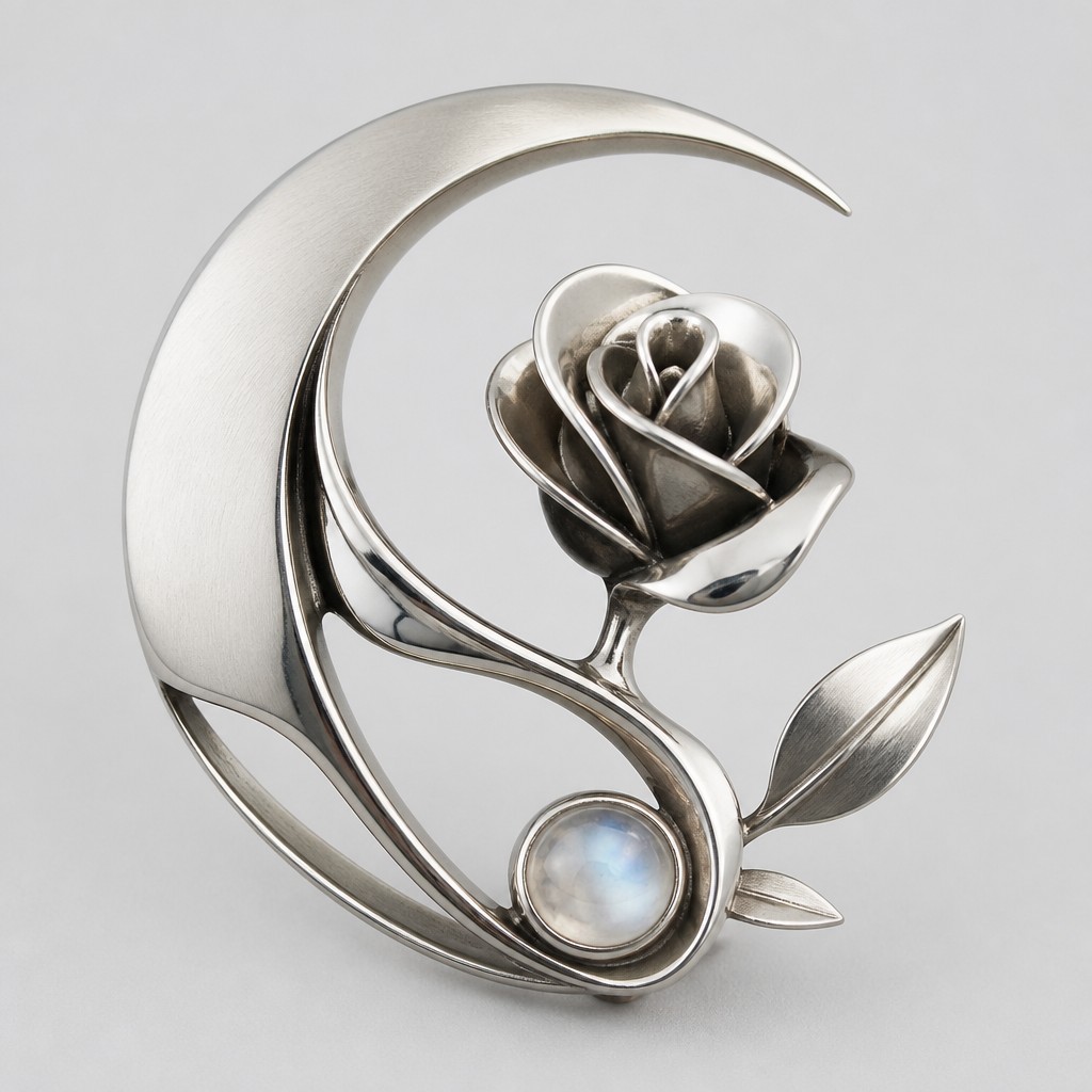 a rose entwined with a crescent moon, clean balanced composition on a plain background, no text