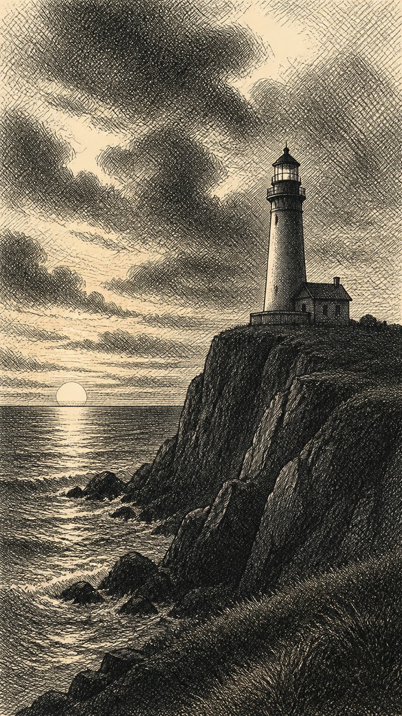 a lone lighthouse on a cliff at dusk under a dramatic sky, no text or lettering