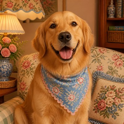 portrait of a golden retriever wearing a blue bandana, warm plain backdrop, no text