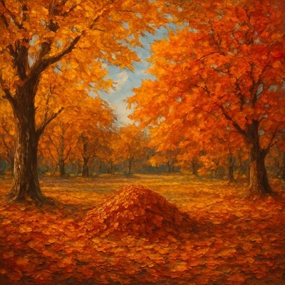 A tranquil and inviting autumn landscape based on the provided image, depicting a park-like setting with large trees and a central pile of fallen leaves. The trees framing the foreground and extending into the middle ground are now in their full, glorious fall colors, displaying a rich tapestry of brilliant yellows, deep oranges, fiery reds, and warm russets.

The ground is generously covered with a soft, thick carpet of fallen autumn leaves, rendered in various warm hues. A prominent, neatly gathered pile of raked leaves sits in the middle ground, inviting curiosity or play, with its textures and colors clearly visible. In the background, hints of a path or road gently wind through more fall foliage, suggesting a peaceful stroll.

The sky above is a soft, clear autumn blue, allowing warm, diffused sunlight to filter through the canopy, casting gentle shadows and highlighting the vibrant colors of the leaves both on the trees and on the ground. The overall mood is one of serene autumnal beauty, crisp air, and the pleasant, nostalgic feeling of a beautiful fall day in a park."