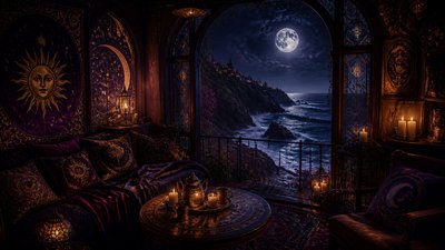 a moonlit coastline with cliffs and crashing surf, no people