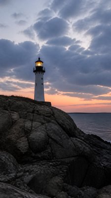 a lone lighthouse on a cliff at dusk under a dramatic sky, no text or lettering