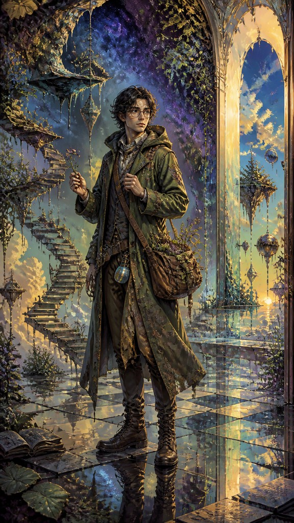 full-body original character: a wandering botanist with a satchel of plants, a patched green cloak, tall boots and round glasses, neutral background