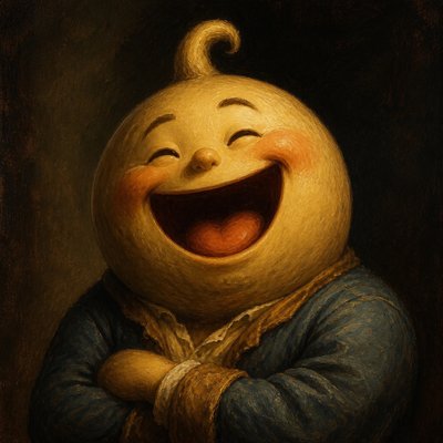 an exaggerated laughing face of an original round mascot character, bold and readable at small size, plain background, no text