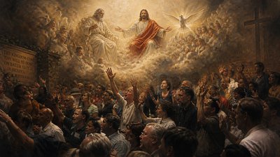 a painting of jesus surrounded by many people
