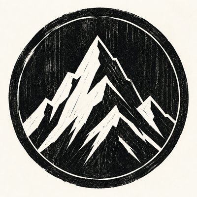 an emblem of a mountain peak inside a circle, simple bold shapes on a plain background, no text or lettering