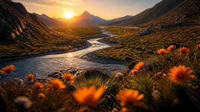 a vast valley with a river winding toward distant mountains at sunrise, no people, no text