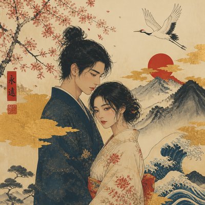 portrait of two people together — Japanese Art Style