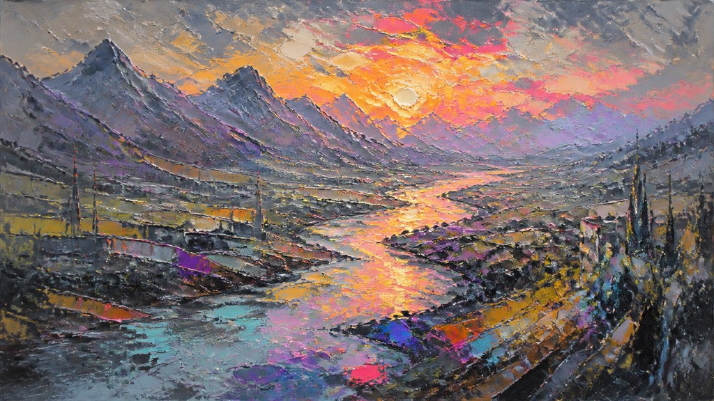 a vast valley with a river winding toward distant mountains at sunrise, no people, no text