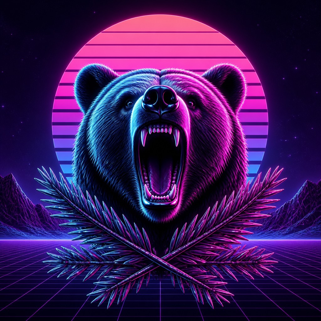 a roaring bear head above crossed pine branches, bold graphic composition on a plain background, no text