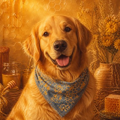 portrait of a golden retriever wearing a blue bandana, warm plain backdrop, no text