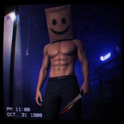 Je veux que tu me dessines un homme abdo incroyable un peu comme un slasher avec un couteau et un mask en paper bag avec un sourire creepy il a un pantalon normal Je veux aucun texte , et des couleurs, hyper froides, aucune couleur chaude à part le rouge vif peut-être du blanc et du noir c’est tout
 Et bien évidemment, je veux que la peau soit aussi avec des couleurs chaudes, genre une peau beige je veux pas que le masque soit disproportionné, je veux un masque quand même assez grand et un masque beige marron du supermarché