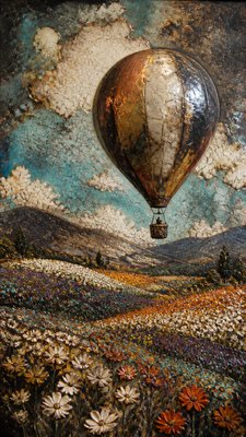 a hot air balloon drifting over rolling flower fields on a sunny day, cheerful, no text