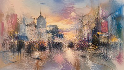 bustling city street panorama at dusk