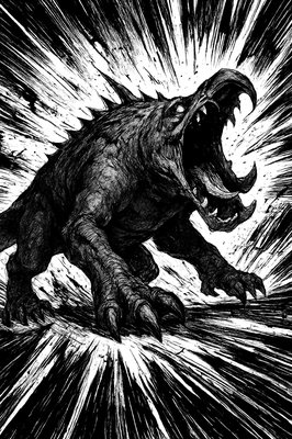a black and white drawing of a dinosaur with its mouth open