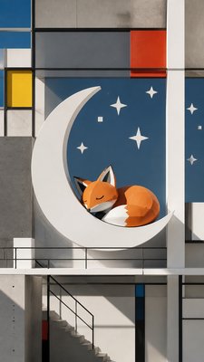 a sleeping baby fox curled on a crescent moon among soft stars, gentle and warm, no text