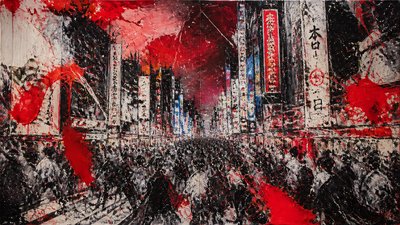 bustling city street panorama at dusk