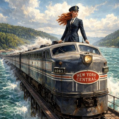Create an image of the New York Central Railroad EMD E8A #4085 iconic locomotive crossing the Hudson River. Standing on top of the locomotive is a lady with long red hair and a conductor's hat on her head in traditional uniform for the period. 