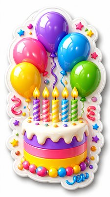 a birthday cake with lit candles surrounded by balloons and confetti, festive vertical composition, no text