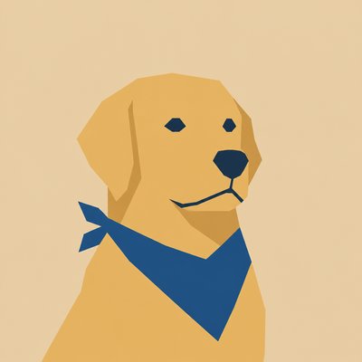 portrait of a golden retriever wearing a blue bandana, warm plain backdrop, no text