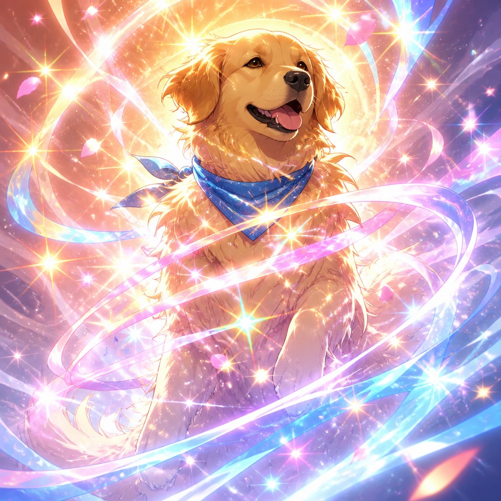 portrait of a golden retriever wearing a blue bandana, warm plain backdrop, no text
