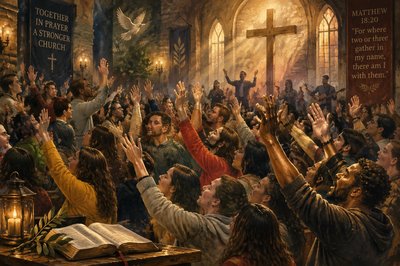 a painting of a group of people raising their hands