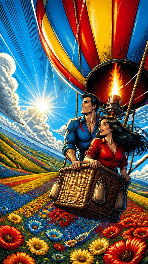 a hot air balloon drifting over rolling flower fields on a sunny day, cheerful, no text