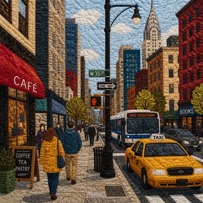 urban street with city activity — Quilt Art Style