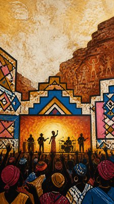 a live music scene with a glowing stage and silhouetted crowd, energetic vertical composition with open space at the top, no text