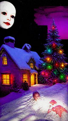 a snow-covered cottage with warm glowing windows beside a decorated pine tree, gentle snowfall, no text
