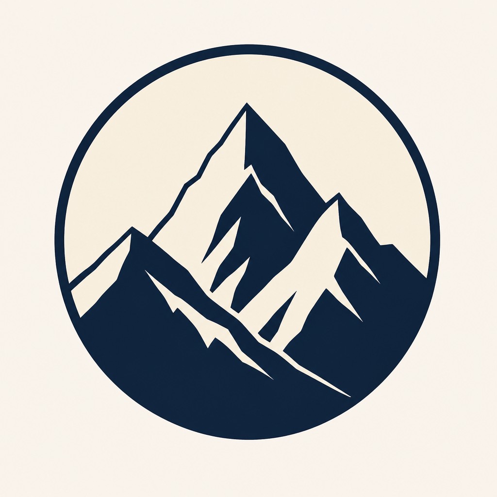 an emblem of a mountain peak inside a circle, simple bold shapes on a plain background, no text or lettering