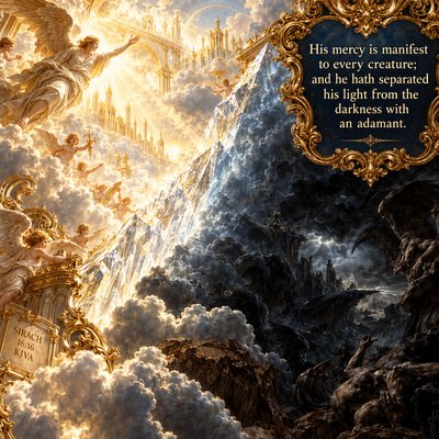 Sirach 16:16 KJVA
(16)  His mercy is manifest to every creature; and he hath separated his light from the darkness with an adamant. 
Don't use any image of God in the picture.
