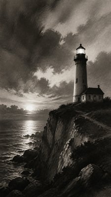 a lone lighthouse on a cliff at dusk under a dramatic sky, no text or lettering