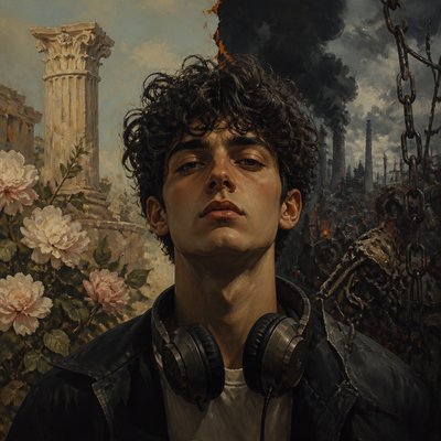 head-and-shoulders portrait of an original character: a young man with curly dark hair and headphones around his neck, plain backdrop, no text