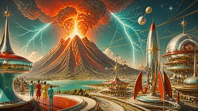 an erupting volcano with lightning strikes, dramatic wide composition, no text